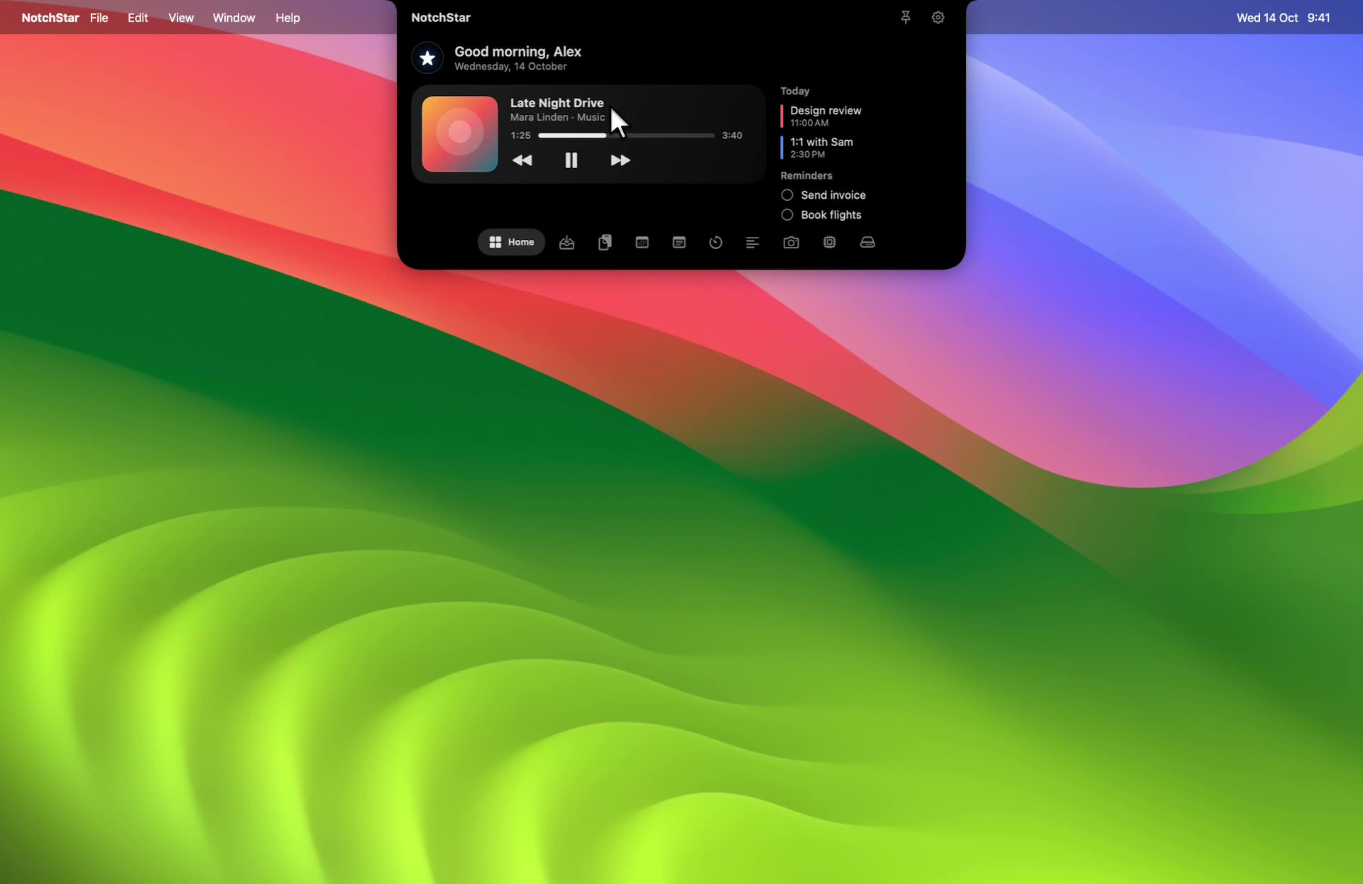 Recording of NotchStar on a Mac: the notch opens, then the cursor visits Home, Clipboard, Shelf, Timers, System, Teleprompter, Calendar and Disk. Sample data.