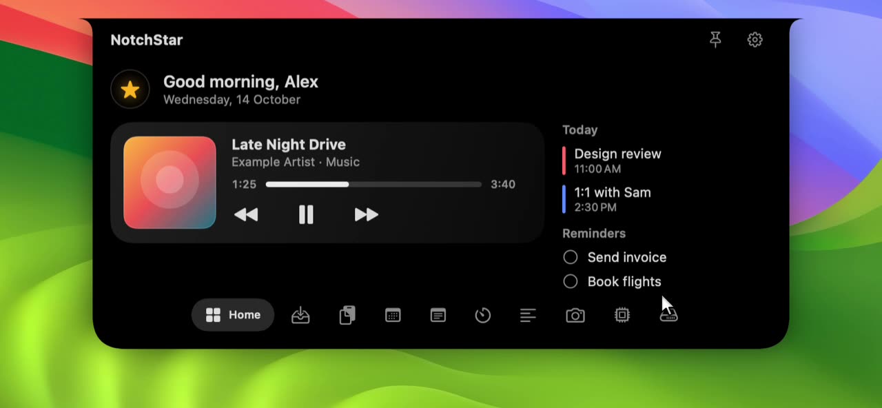 Recording of the Home tool: the cursor skips to the next track, pauses and resumes playback, and the progress bar moves. Sample data.