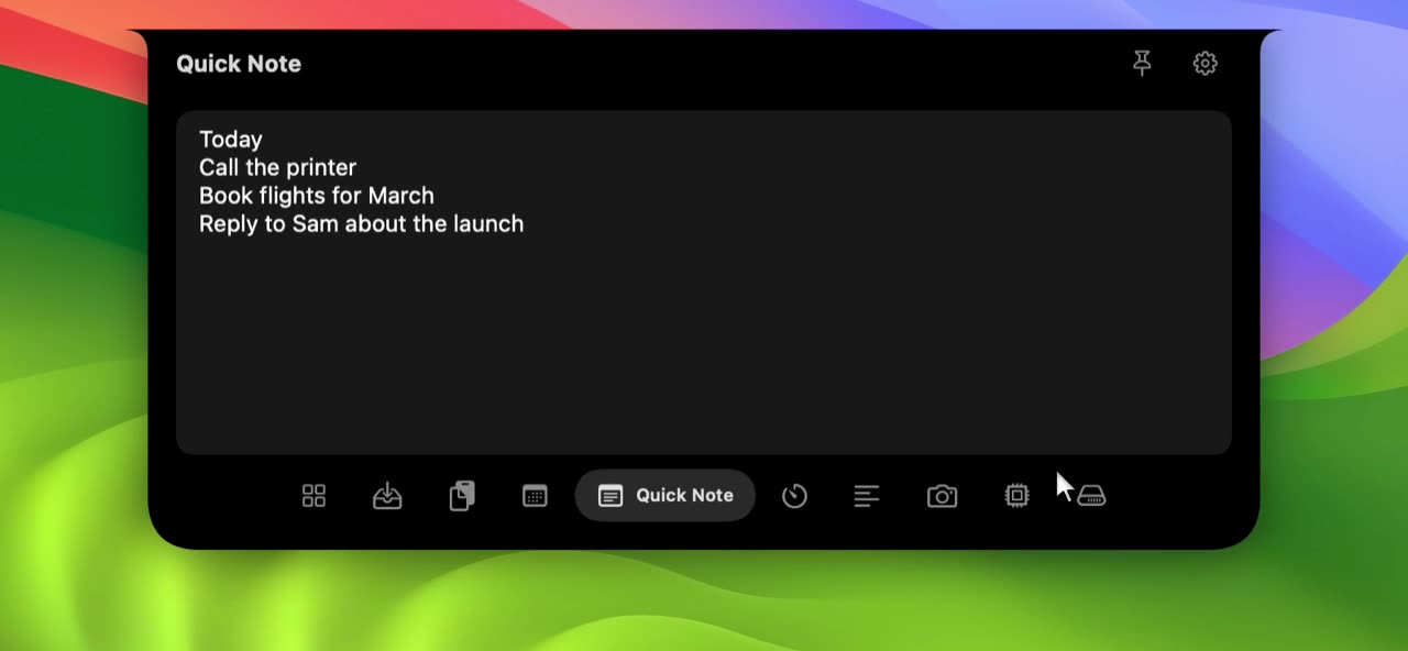 Recording of the Quick Notes tool: a new line is typed into the note. Sample note.