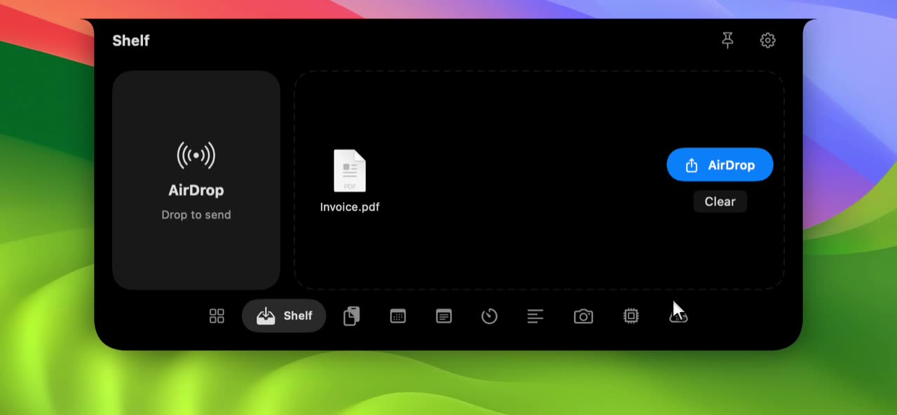 Recording of the Shelf tool: a file is dragged to the shelf and lands as a new item, then the cursor hovers over the shelf items and the AirDrop zone. Sample data.