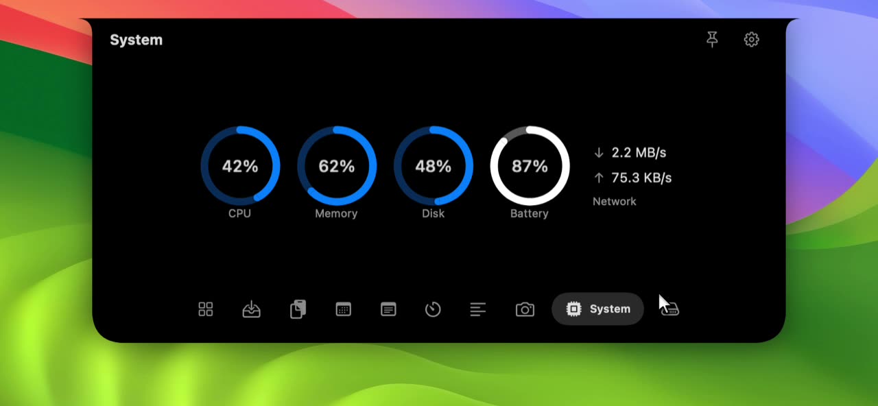 Recording of the System tool: CPU, memory, disk and battery gauges and network speeds moving live. Sample values.