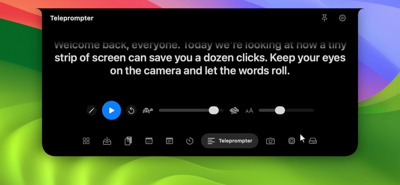 Recording of the Teleprompter tool: the script starts scrolling and the speed slider is dragged to make it faster. Sample script.