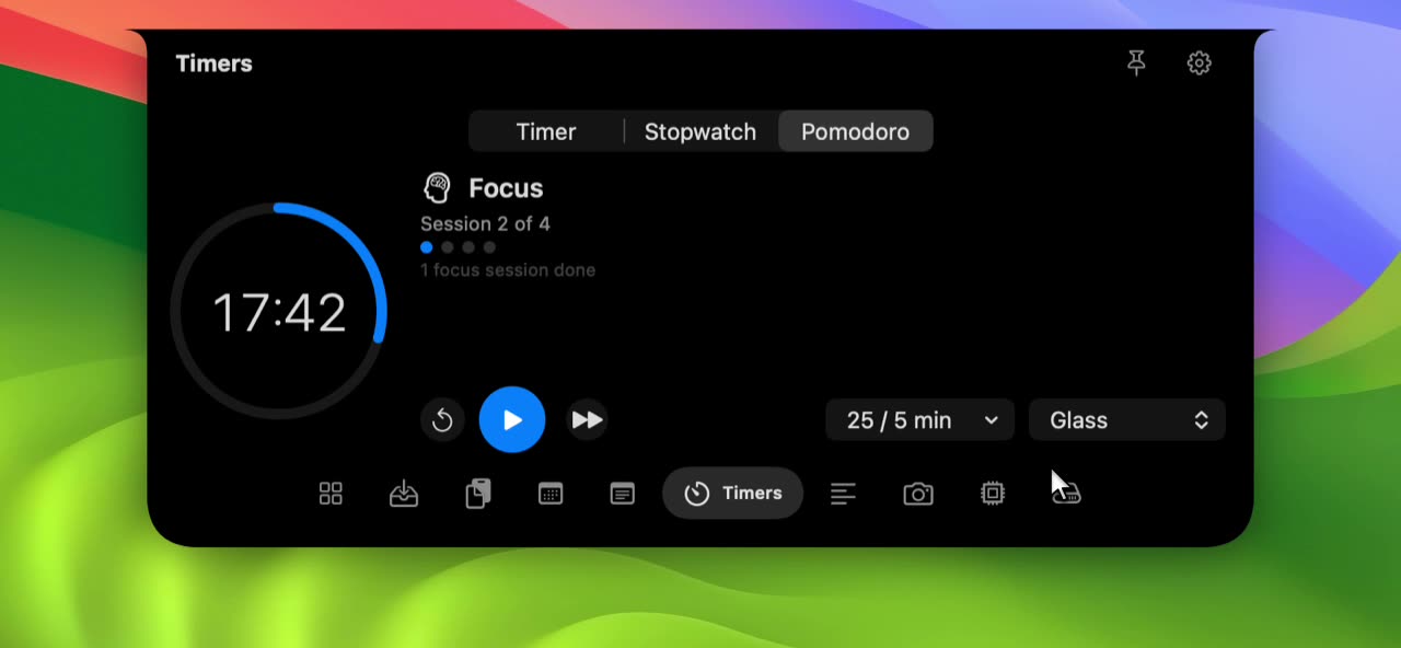 Recording of the Timers tool: a Pomodoro starts and counts, then the stopwatch and the timer are started in turn. Sample data.